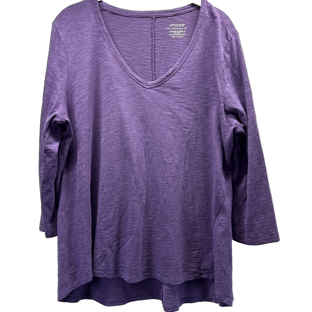Chicos Ultimate Tee Size Large Solid Purple V Neck 3/4 Sleeve Slub Cotton Blend